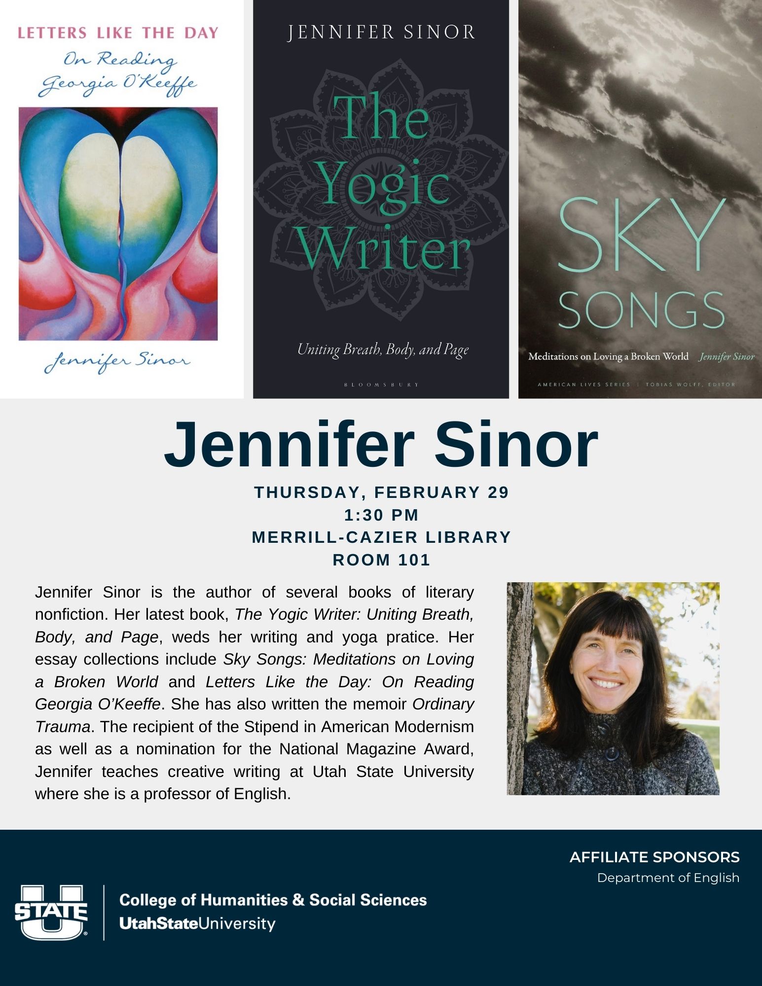 Image of Jennifer Sinor along with bio and event details and images of three of the books she's written: Letters Like the Day, The Yogic Writer, and Sky Songs