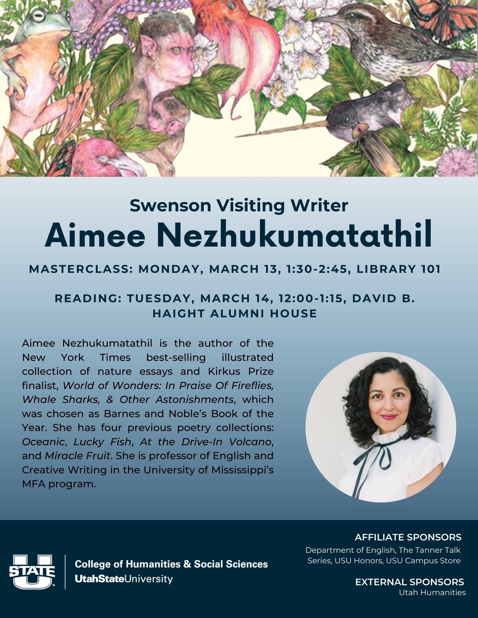 Swenson Visiting Writer, Aimee Nezhukumatathil. Masterclass: Monday March 13 1:30-2:45 in Library 101  Reading: Tuesday March 14, 12:00-1:15 David B. Haight Alumni House.   Aimee Nezhukumatathil is the author of the New York Times best-selling illustrated collection of nature essays and Kirkus Prize finalist, World of Wonders: In Praise of Fireflies, Whale Sharks, & other Astonishments, which was chosen as Barnes and Noble's Book of the Year. She has four previous poetry collections: Oceanic, Lucky Fish, At the Drive-In Volcano, and Miracle Fruit. She is professor of English and Creative writing in the University Mississippi's MFA program. 