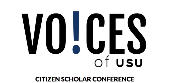 Logo that says Voices of USU Citizen scholar conference with the i in voices displayed as an exclamation point.
