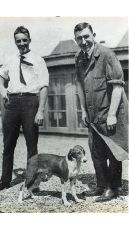 Charles Best and Frederick Banting, the inventors of insulin, with one of their experiemental dogs.