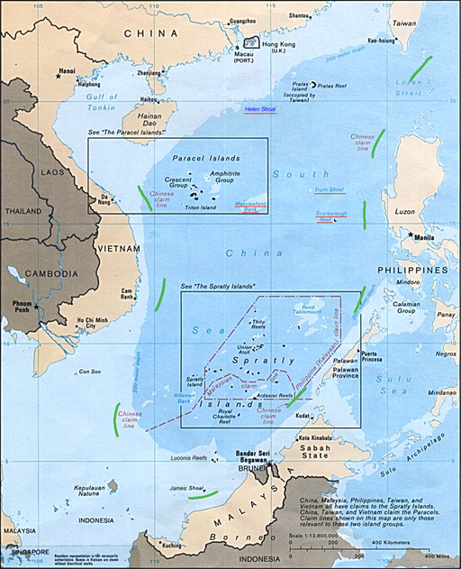 A map of Eastern China showing the nine-dash line in green 