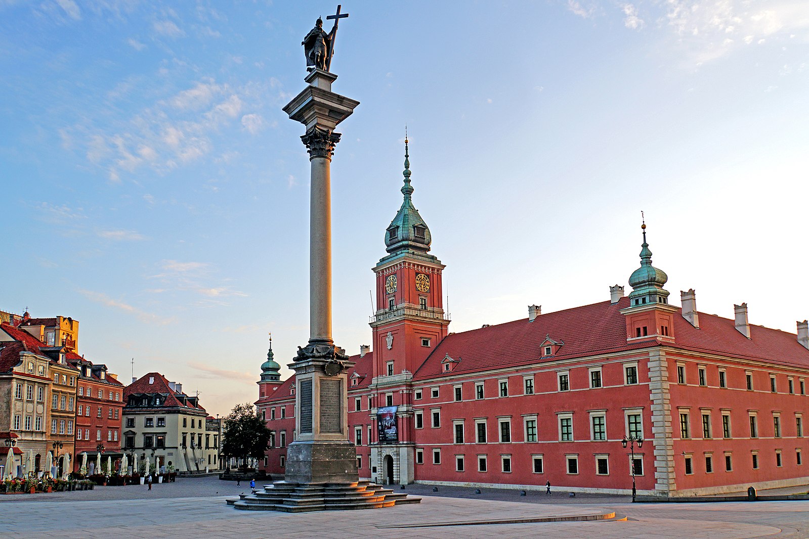 View of Castle Square in Warsaw, Poland completely empty at sunset