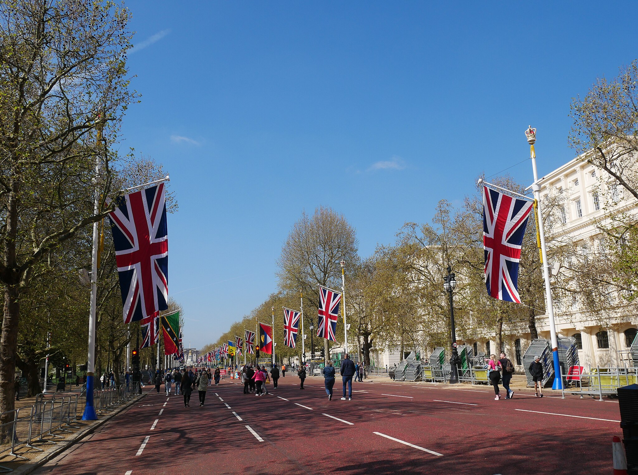 Flags flanking the Mall in central London in anticipation of the coronation of King Charles III.