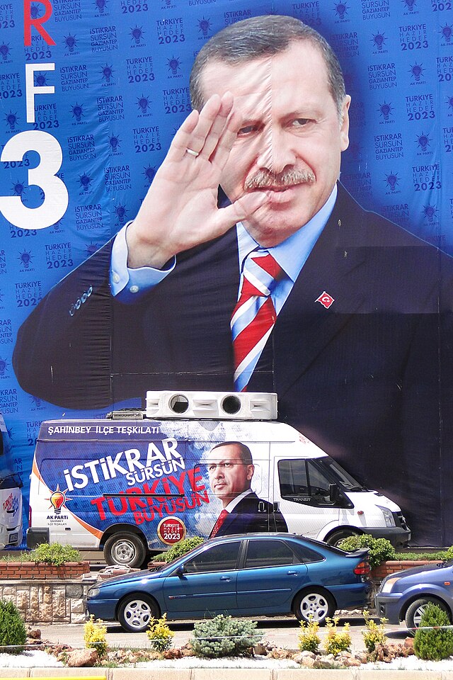 A presidential campaign poster for Recep Tayyip Erdogan, who was successfully reelected in May 2023.