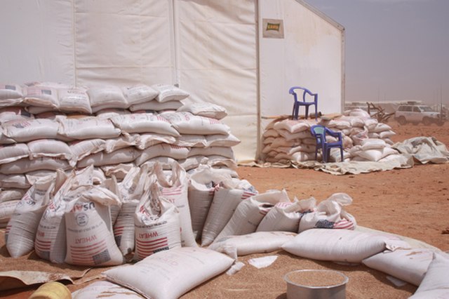 Bags of wheat provided by USAID for refugees at Dolo Kobe camp in Ethiopia. 