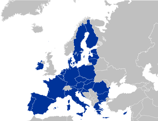 A map of the European Union with member states in blue and non-member states in gray