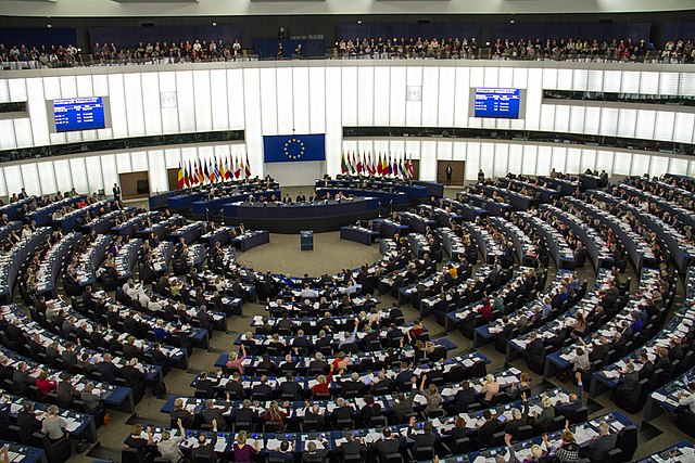 Overhead view of the European Parliament in session