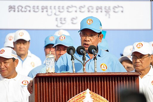Prime Minister Hun Sen at an election rally in 2018 addressing a crowd for his political party.