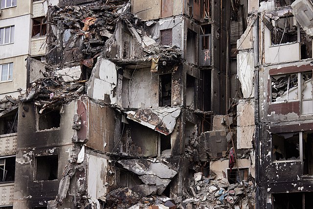 Destroyed apartment building in Kharkiv