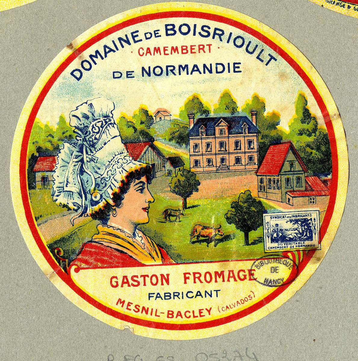 Historic packing of official Camembert from the French region of Normandy, featuring a French woman on a farm with French national colors.
