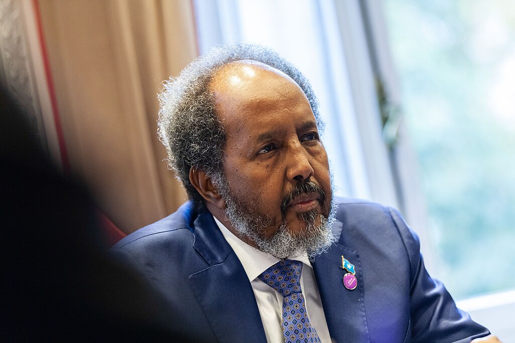 President Hassan Sheikh Mohamud wearing a blue suit facing to the right