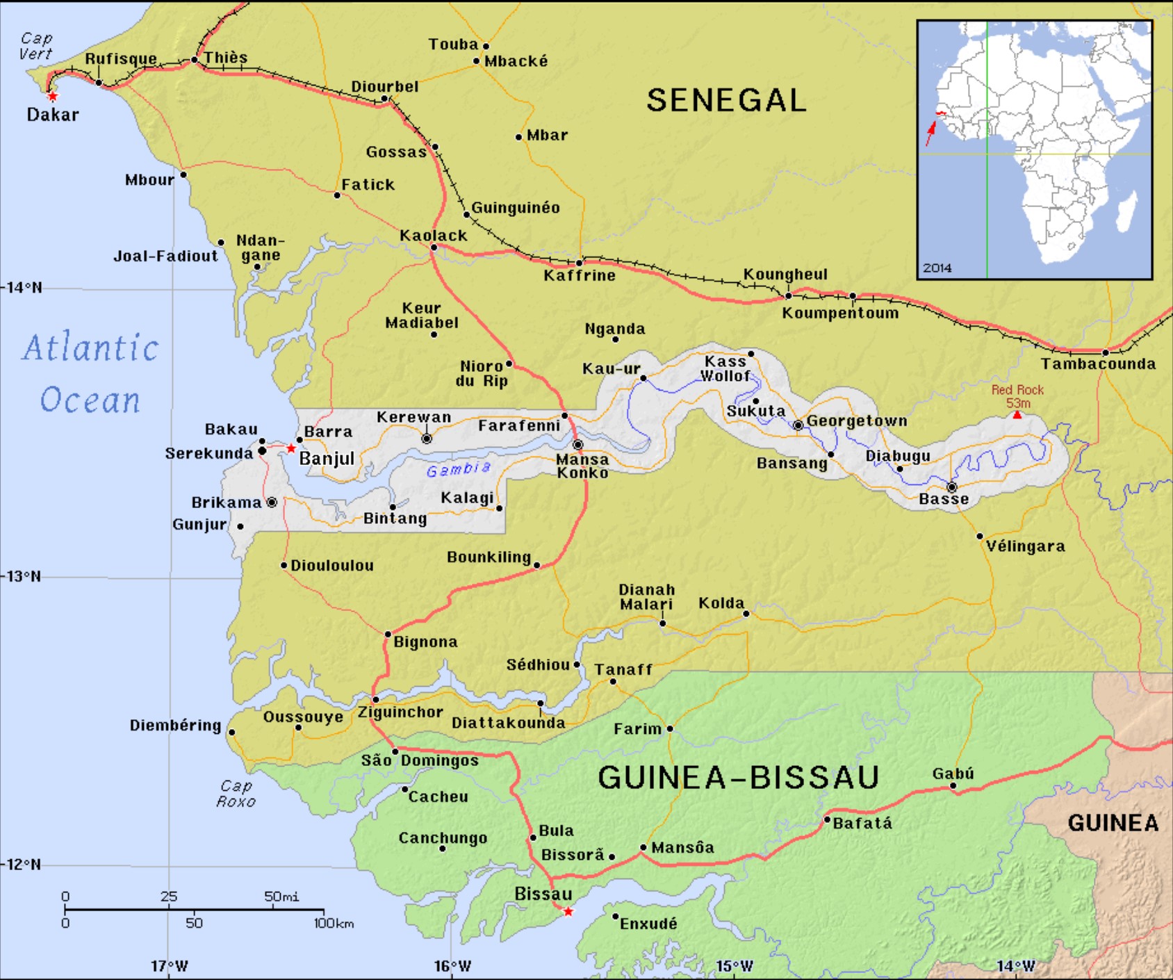 A map of Gambia and Senegal