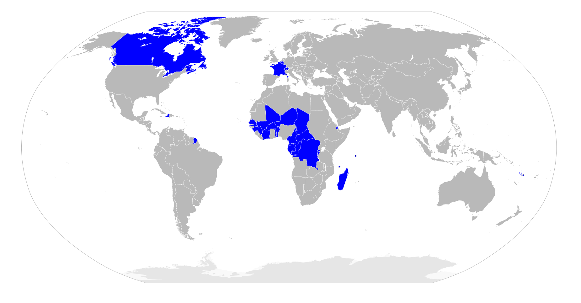 A worldmap showing countries where French is an official language in blue