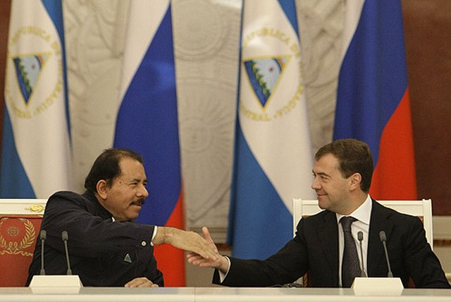 Nicaraguan President Daniel Ortega with former Russian President Dmitry Medvedev, 2008.