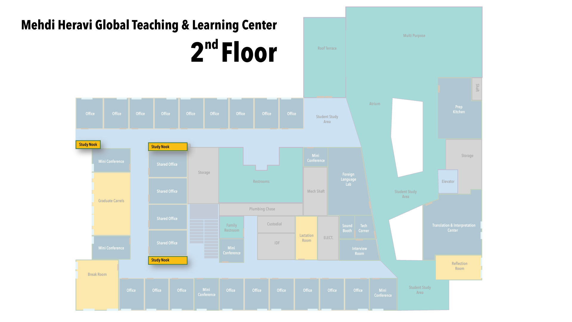 A map showing study nooks lining the halls of the 1st floor