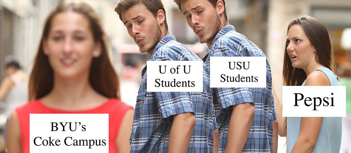 The Distracted Boyfriend Meme about various college campuses.